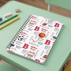 Personalized Ball Sports Word Cloud Spiral A5 Notebook with Name Daily Use Back to School Birthday Gift for Kids Sports Lover