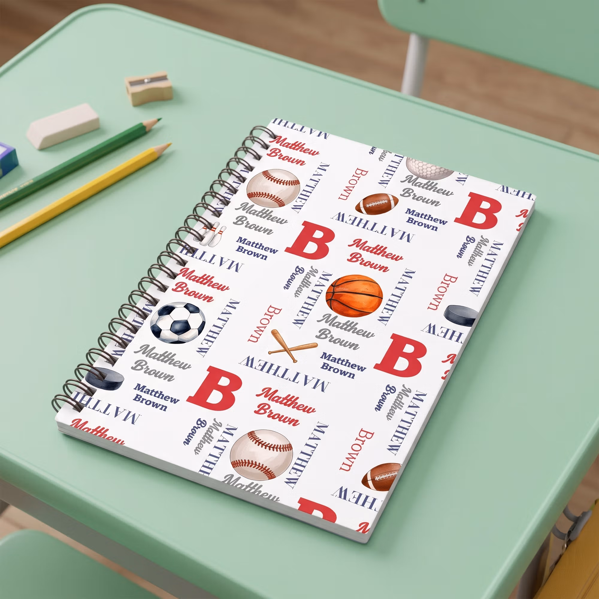 Personalized Ball Sports Word Cloud Spiral A5 Notebook with Name Daily Use Back to School Birthday Gift for Kids Sports Lover