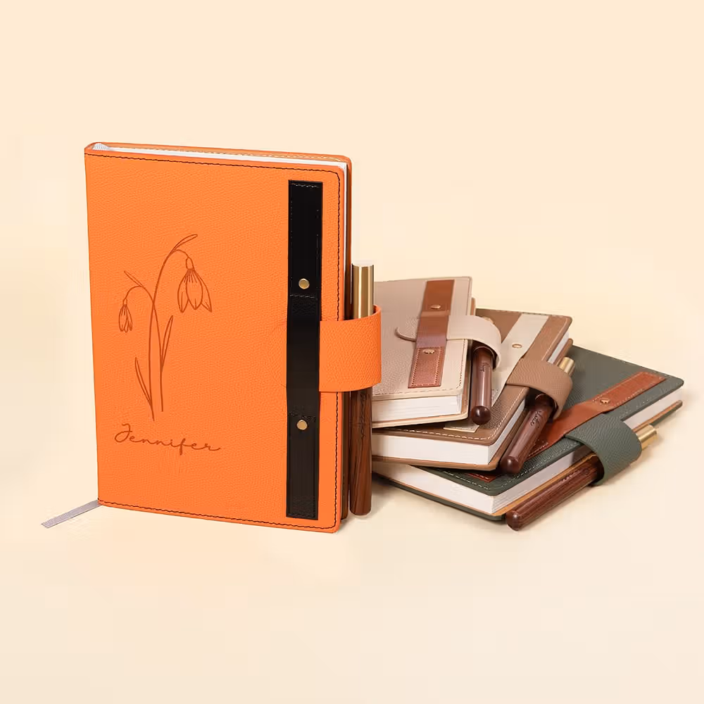 Personalized Birth Flower A5 Lined PU Leather Notebook and Pen Set with Engraved Name Birthday Christmas Gift for Teacher