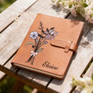 Personalized Birth Flower Bouquet PU Leather A5 Notebook Cover with Name Daily Use Birthday Christmas Gift for Teachers Students Artists