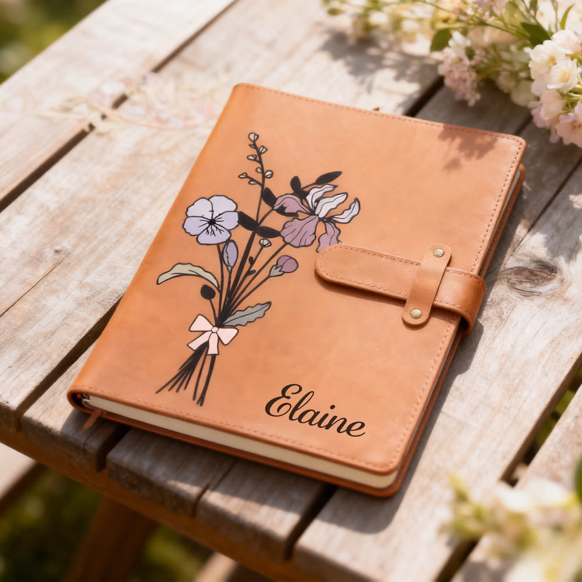 Personalized Birth Flower Bouquet PU Leather A5 Notebook Cover with Name Daily Use Birthday Christmas Gift for Teachers Students Artists