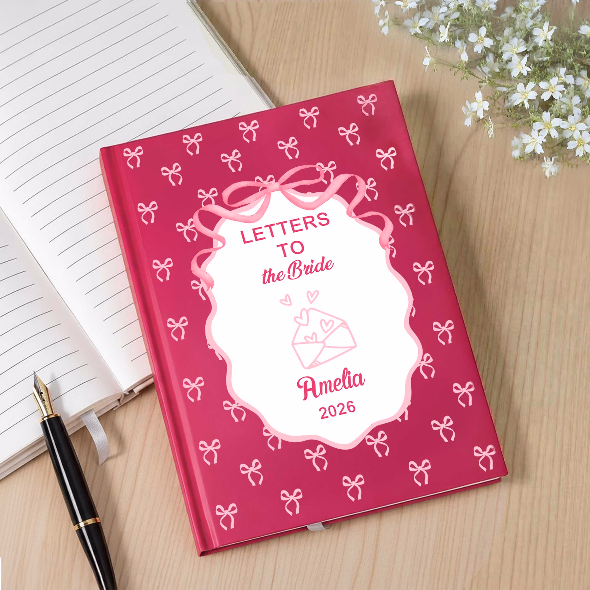Personalized Bow Design A5 Journal Notebook with Name and Year Record Blessings Singles Party Wedding Gift for Bridal