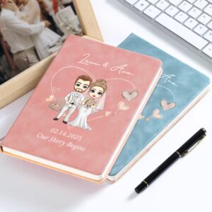 Personalized Cartoon Bride and Groom Our Story Begin A5 Leather Love Journal Notebook with Name Wedding Date Anniversary Gift for Newlyweds Couple
