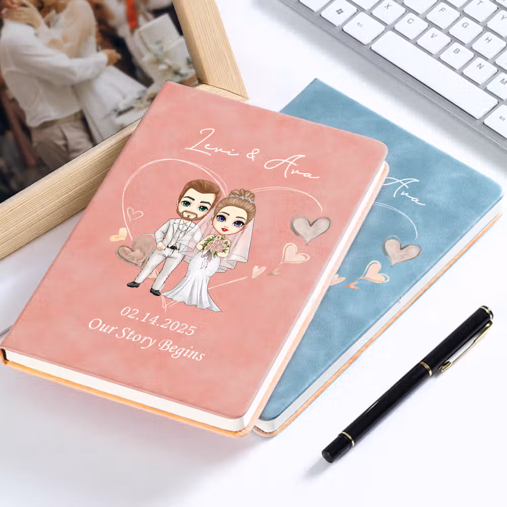 Personalized Cartoon Bride and Groom Our Story Begin A5 Leather Love Journal Notebook with Name Wedding Date Anniversary Gift for Newlyweds Couple