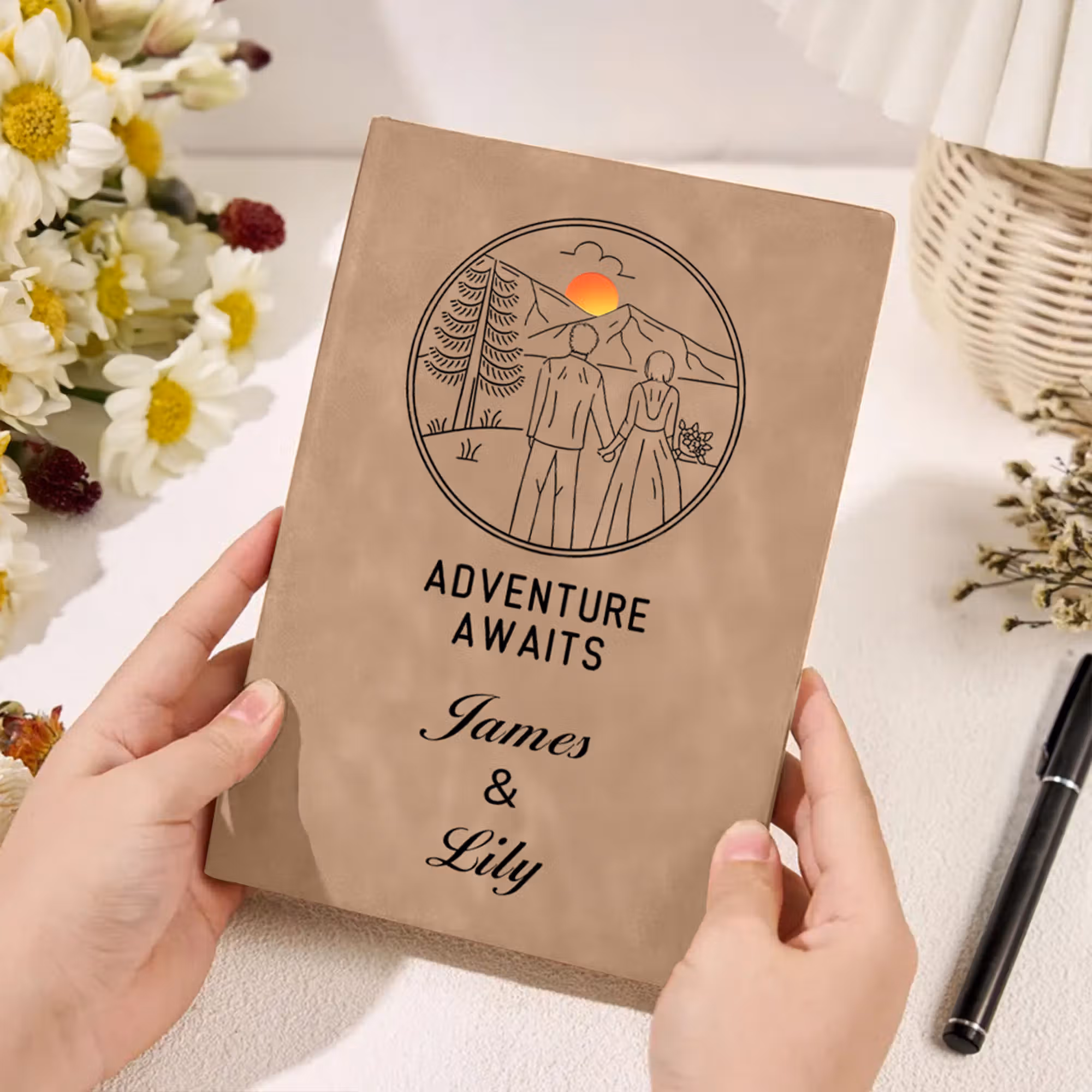 Personalized Cartoon Character Adventure Awaits A5 Leather Travel Journal Notebook with Name Anniversary Birthday Gift for Couple