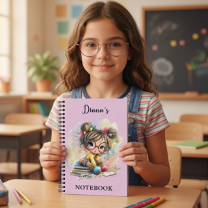 Personalized Cartoon Reading Girl A5 Spiral Notebook with Name and 120 Lined Pages Birthday Back to School Gift for Girls Students Kids