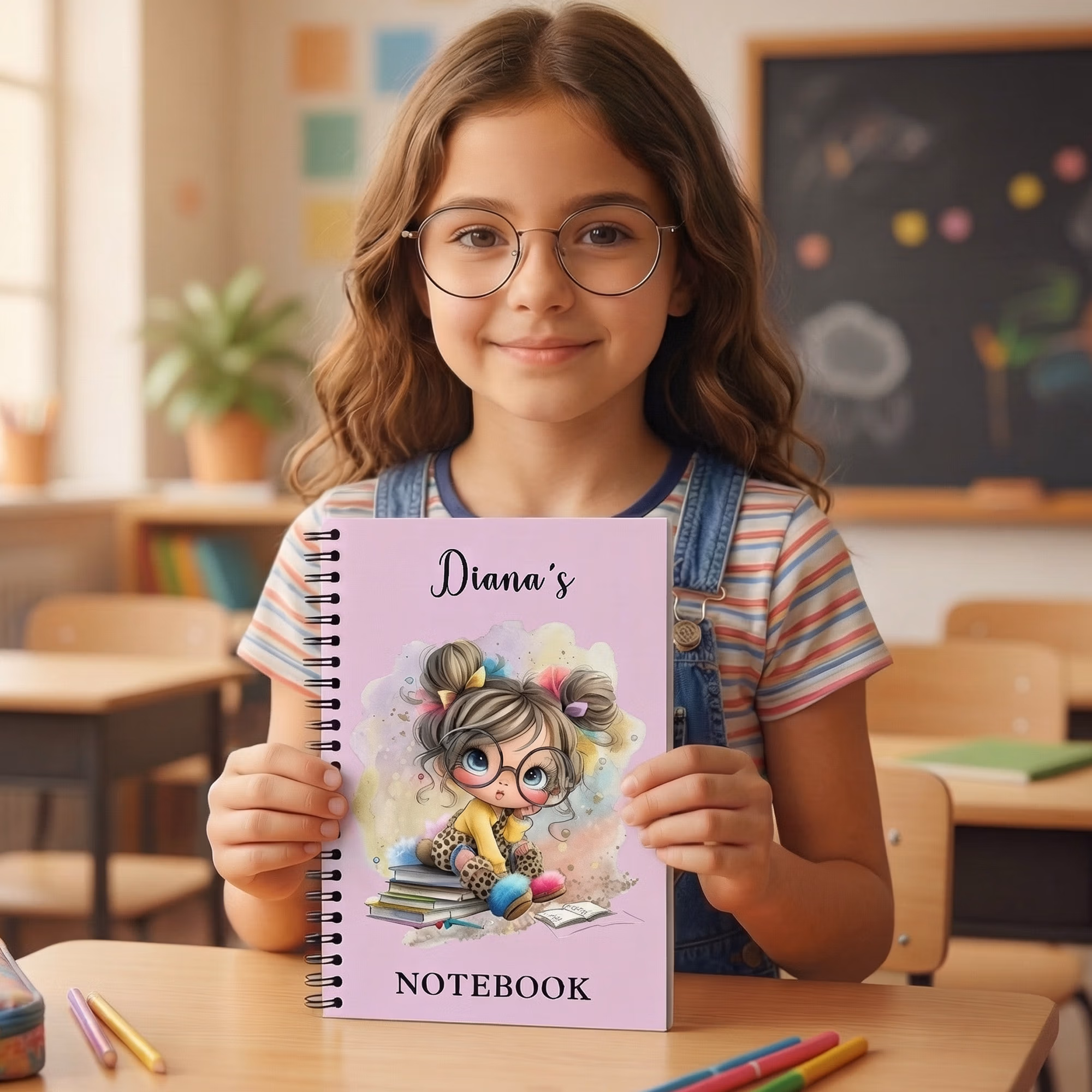Personalized Cartoon Reading Girl A5 Spiral Notebook with Name and 120 Lined Pages Birthday Back to School Gift for Girls Students Kids