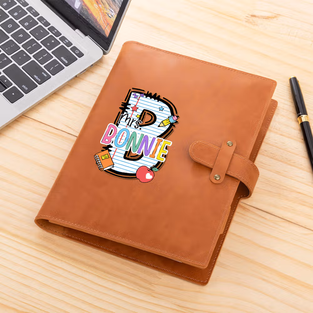 Personalized Funny Cartoon Book Pen Initial A5 Leather Notebook Cover with Name and Compartments Gratitude Teacher's Day Gift for Teachers