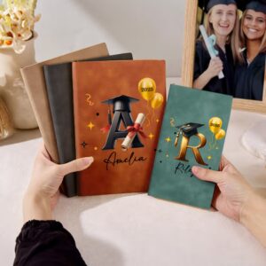Personalized Graduation Cap Initial A5 A6 Leather Cover Notebook with Name and Year Recording Accessories Birthday Graduation Gift for Graduates