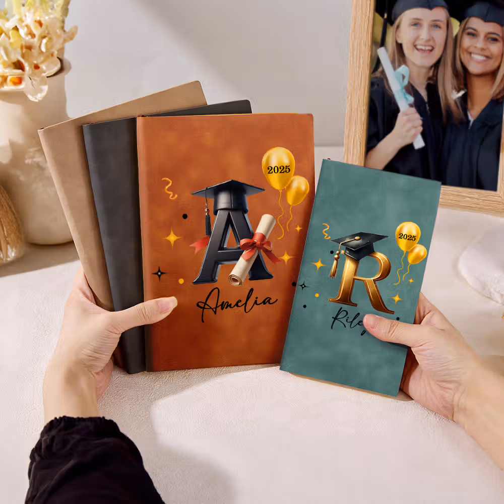 Personalized Graduation Cap Initial A5 A6 Leather Cover Notebook with Name and Year Recording Accessories Birthday Graduation Gift for Graduates