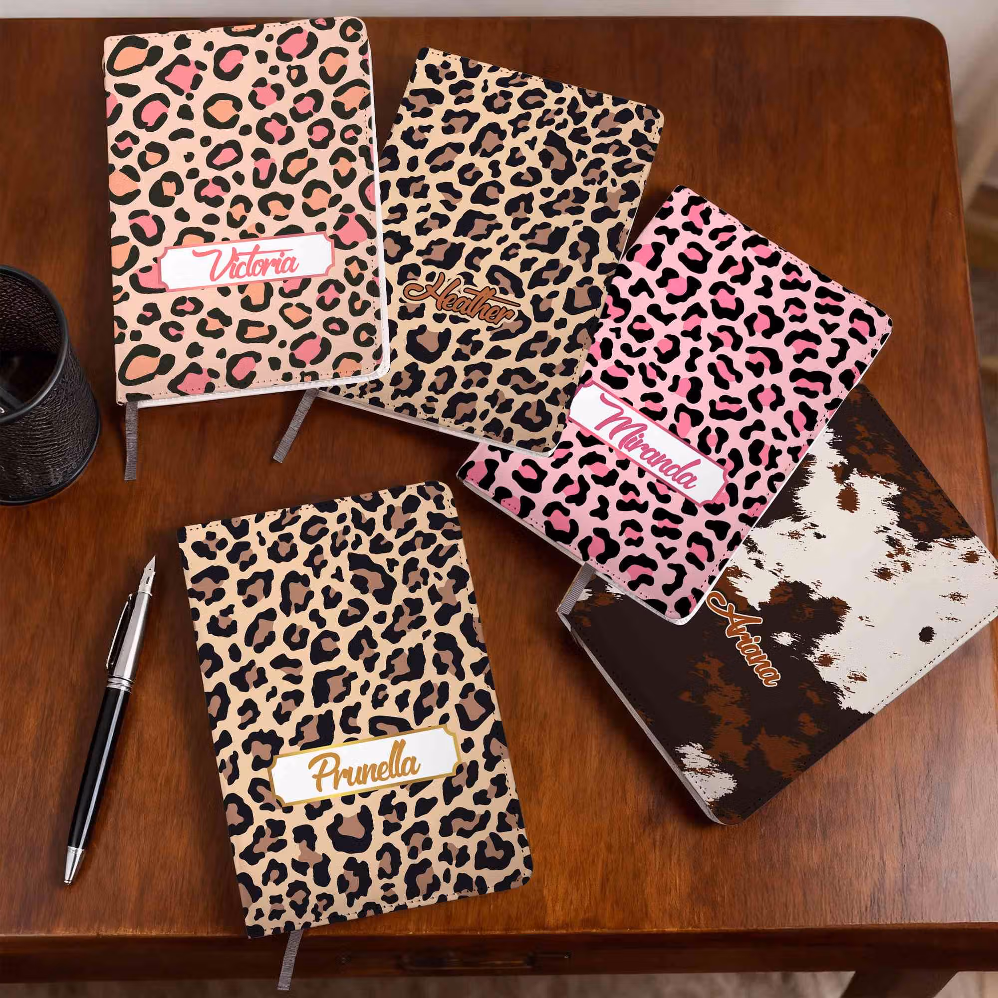Personalized Leopard Print Highland Cow Pattern A5 Journal Notebook with Name Birthday Gift for Students