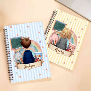 Personalized Multicolor Stripe Cartoon Character Back View A5 Spiral Journal Notebook with Name Daily Use Birthday Gift for Students