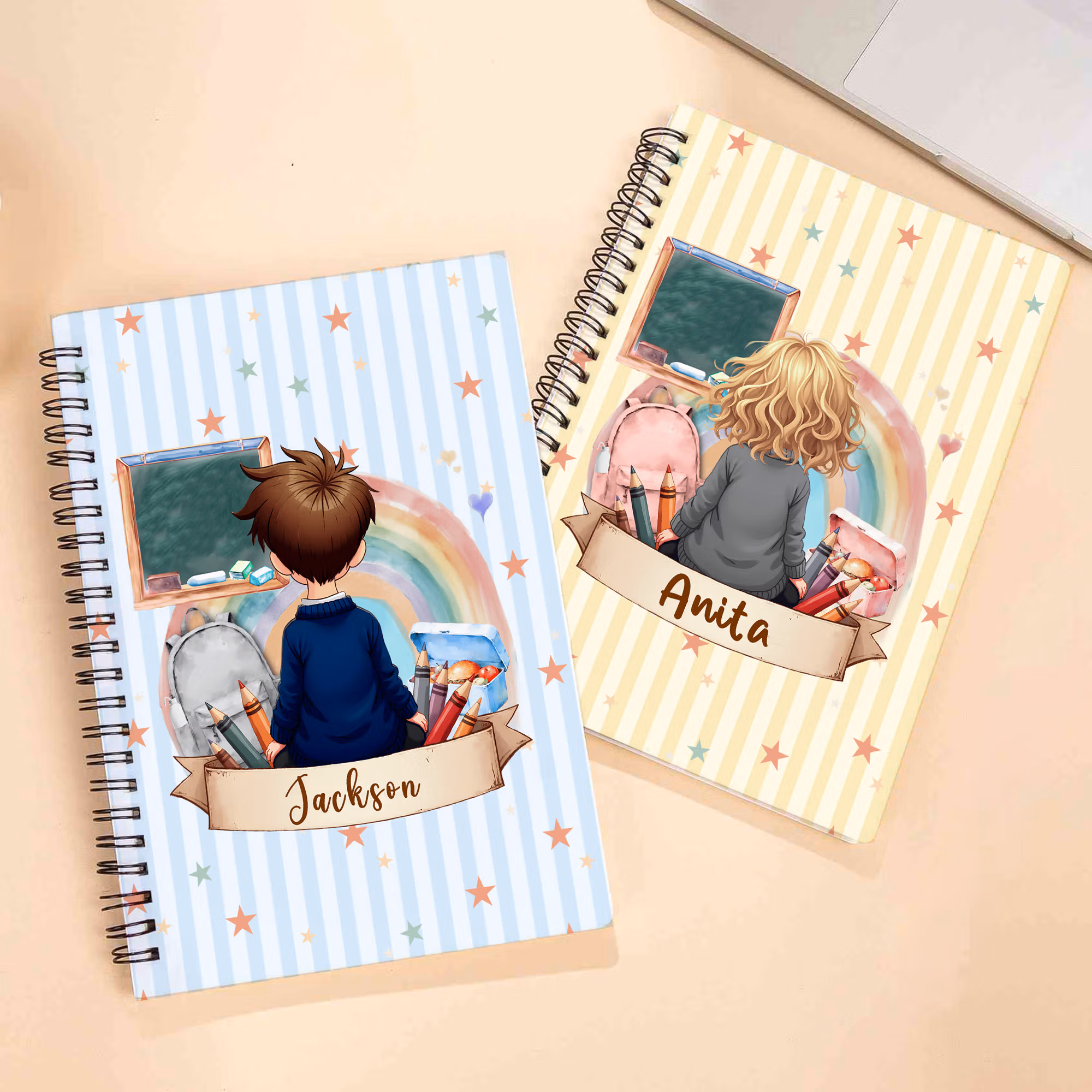 Personalized Multicolor Stripe Cartoon Character Back View A5 Spiral Journal Notebook with Name Daily Use Birthday Gift for Students