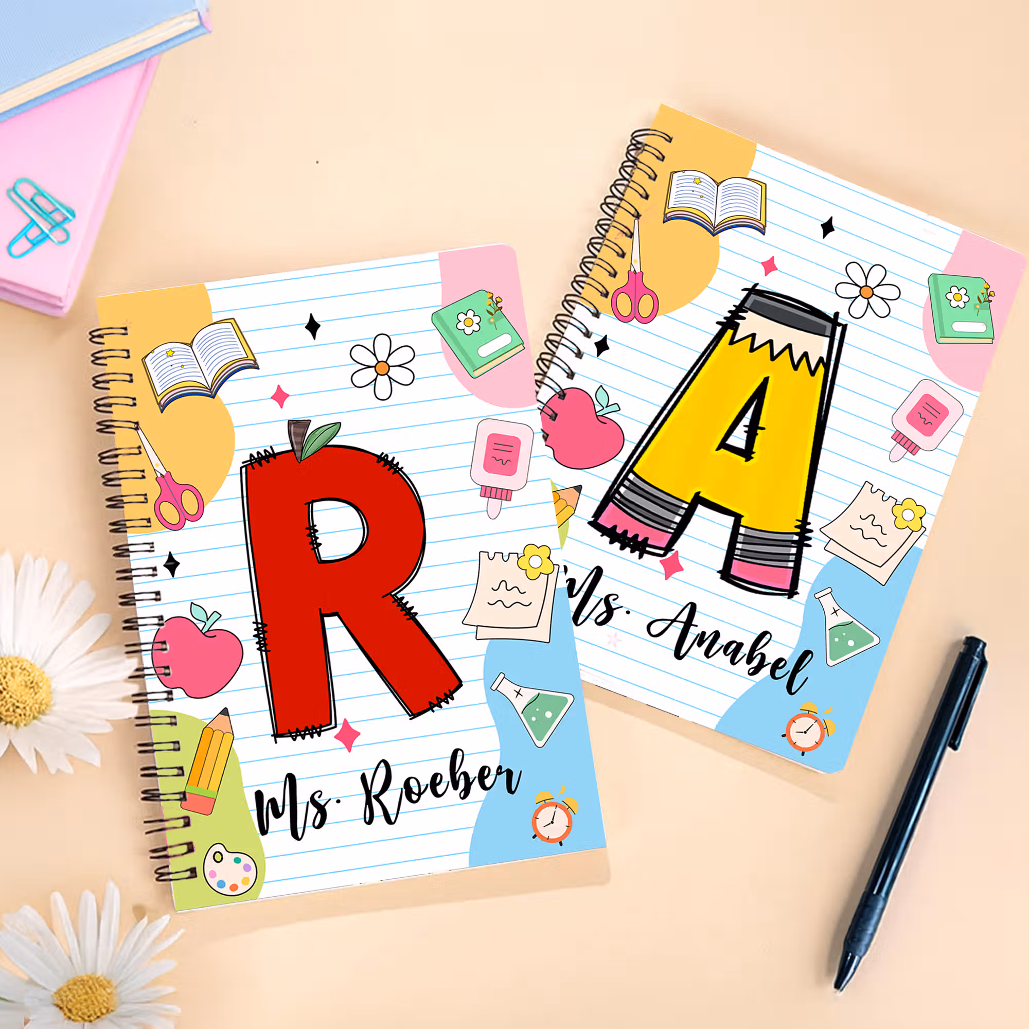 Personalized Pencil Apple Crayon Initial A5 Spiral Notebook with 60 Lined Pages Back to School Teacher's Day Appreciation Gift for Teacher