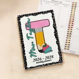 Personalized Pencil Initial 2026-2028 Planner A5 Spiral Notebook with Name and Monthly Planner Pages Birthday Teacher's Day Gift for Teacher