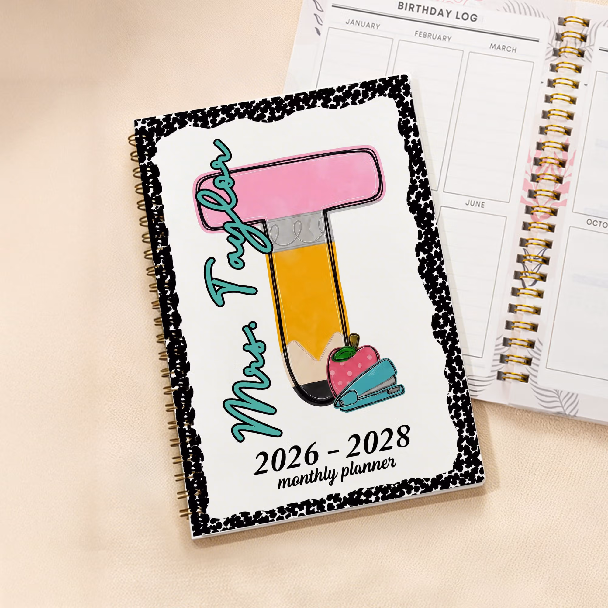 Personalized Pencil Initial 2026-2028 Planner A5 Spiral Notebook with Name and Monthly Planner Pages Birthday Teacher's Day Gift for Teacher