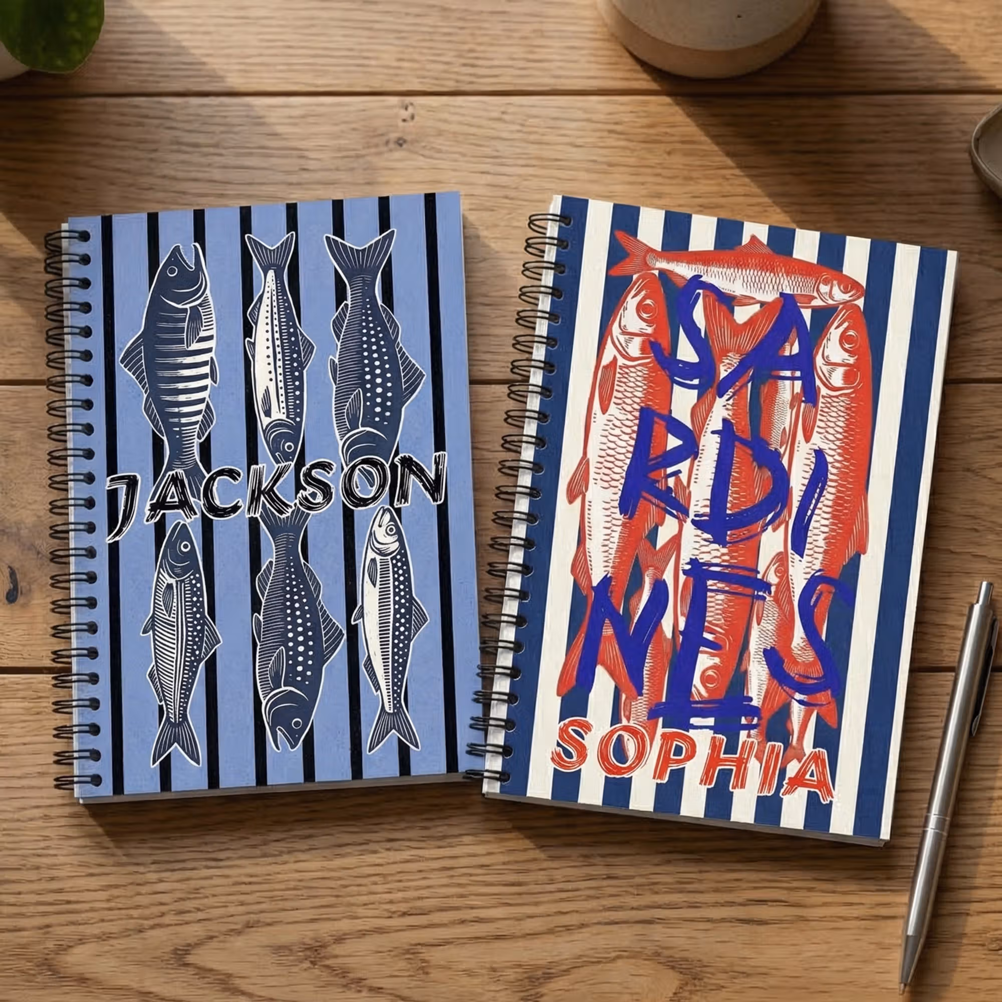 Personalized Sardines Flatfish Spiral A5 Notebook with Name, Softcover A5 Notebook, Birthday/Back to School Gift for Fishing Lovers/Students